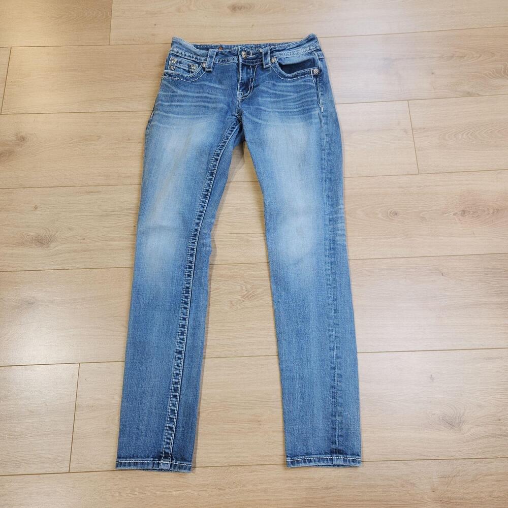 Miss Me Signature Skinny Jeans Womens 28x31 Light Wash Blue Mid Rise Rhinestone